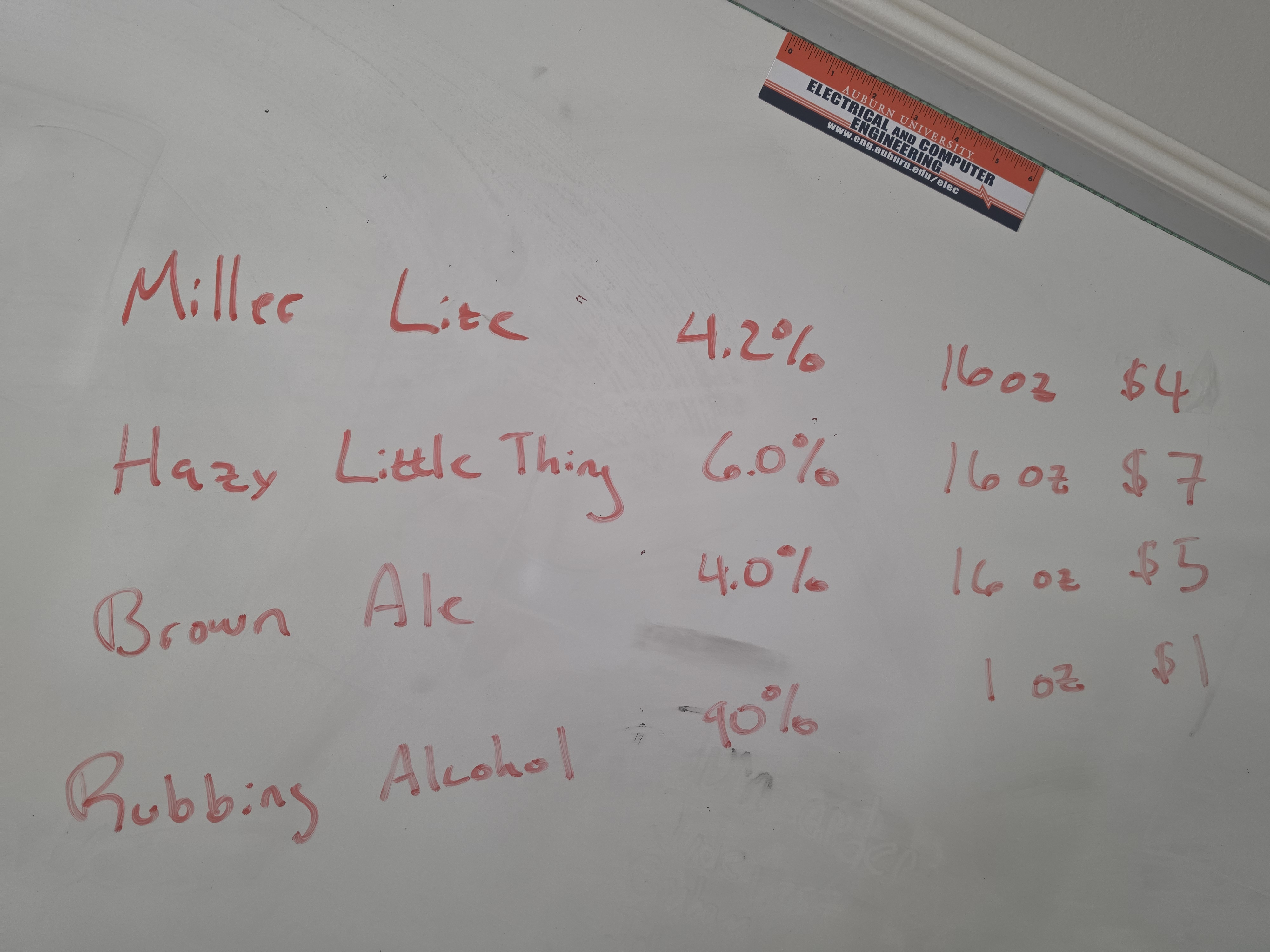 Menu at Test Venue
